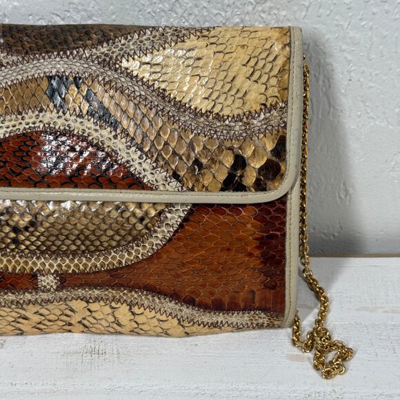 Vintage Original by Caprice Snakeskin Leather Envelope Clutch Crossbody Chain - Picture 3 of 13